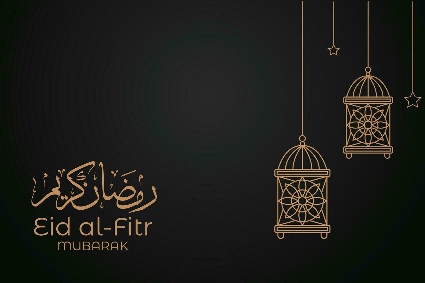 eid al-fitr mubarak greeting card with mosque and arabic text vector