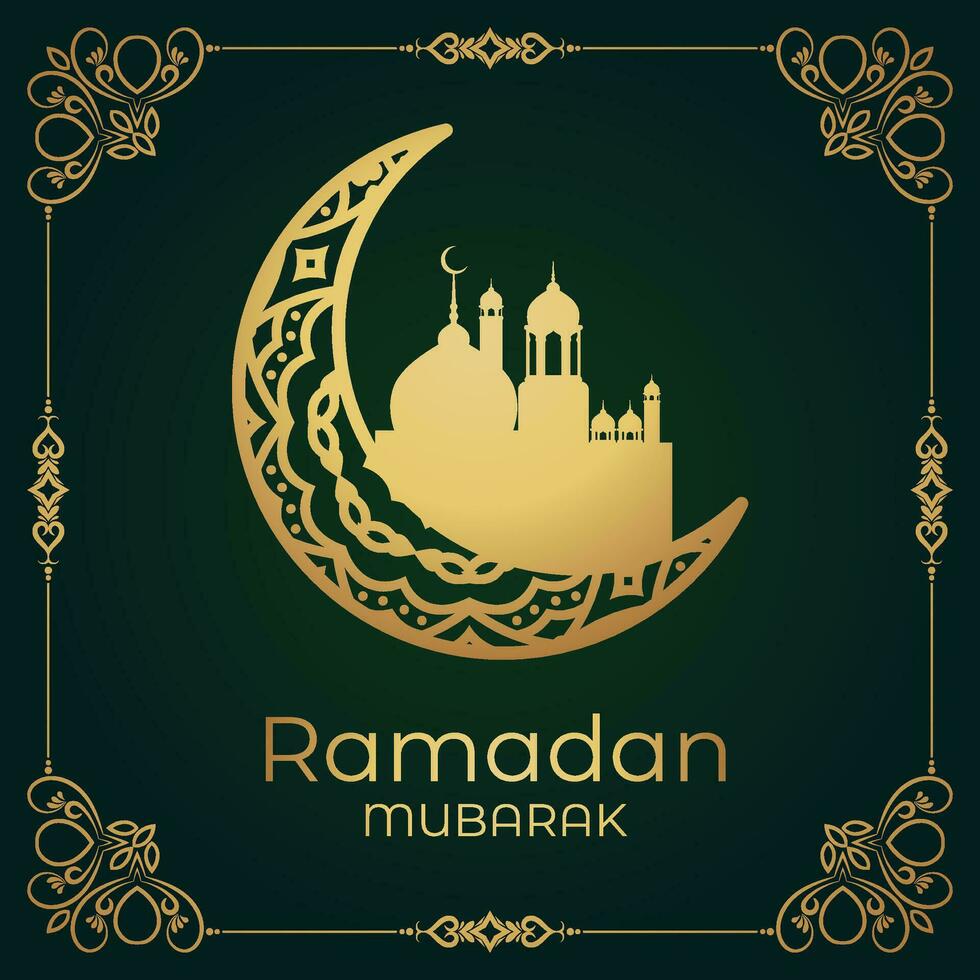 ramadan mubarak greeting card with golden crescent and mosque on green background vector