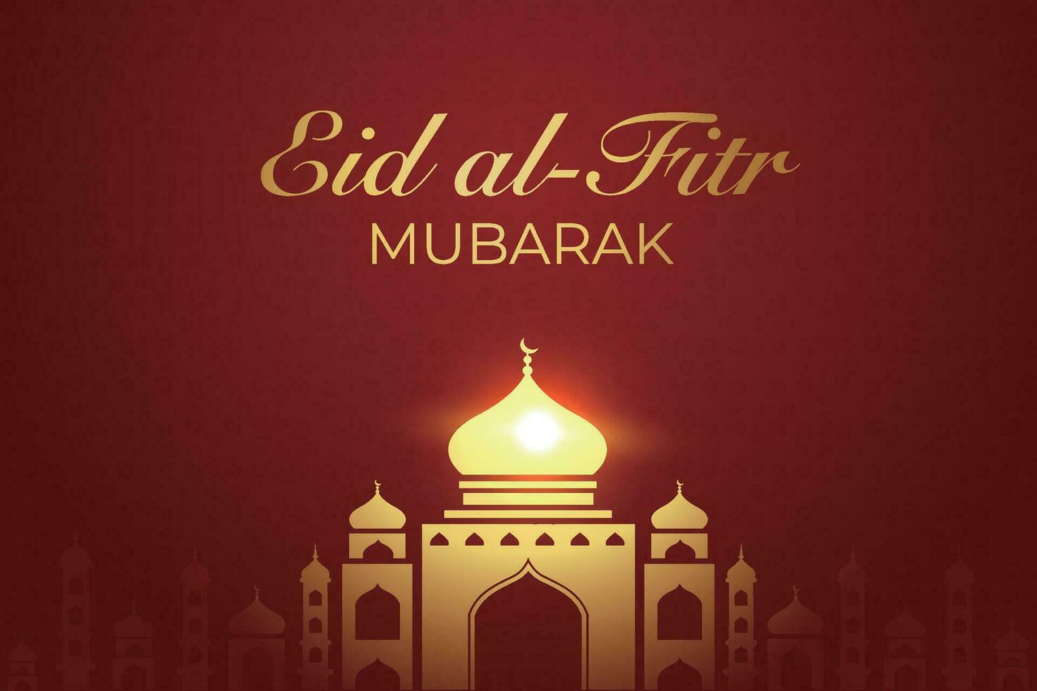 eid al-fitr mubarak greeting card with mosque and arabic text vector