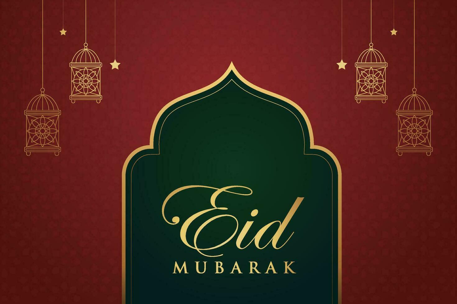 Ramadan eid al-fitr mubarak greeting card with lanterns and arabic call vector