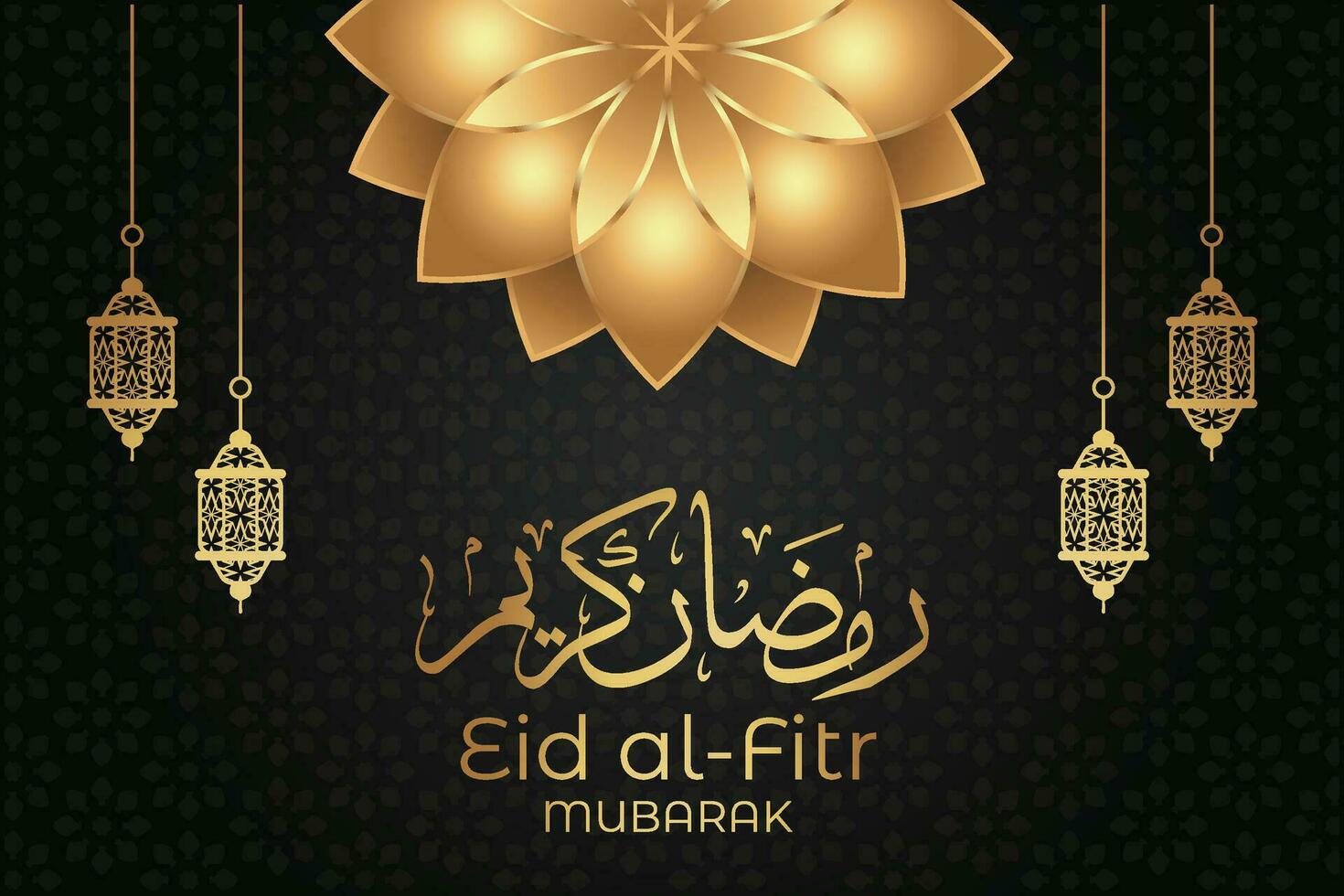 Ramadan eid al-fitr mubarak greeting card with lanterns and arabic call vector