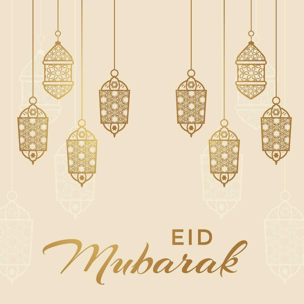 eid Mubarak saludo tarjeta con colgando lamparas vector