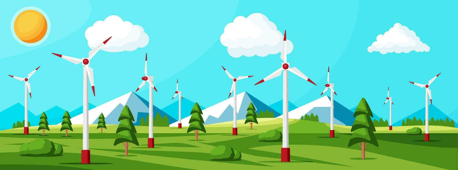 Wind Farm In Green Fields Among Trees. Nature Landscape With Modern Windmills. Green Energy Concept Banner. Ecology Alternative Energy Source Technology. Flat Vector Illustration