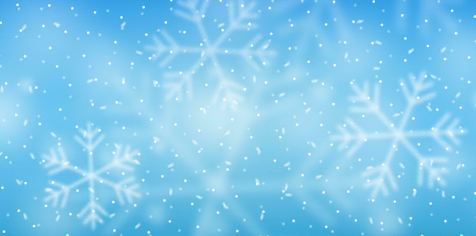 3D Christmas Background with White Falling Snowflakes. Render Snow Sparkles. Blue Winter Sky Banner. Happy New Year Celebration Template. New Year Xmas Holiday. Vector Illustration