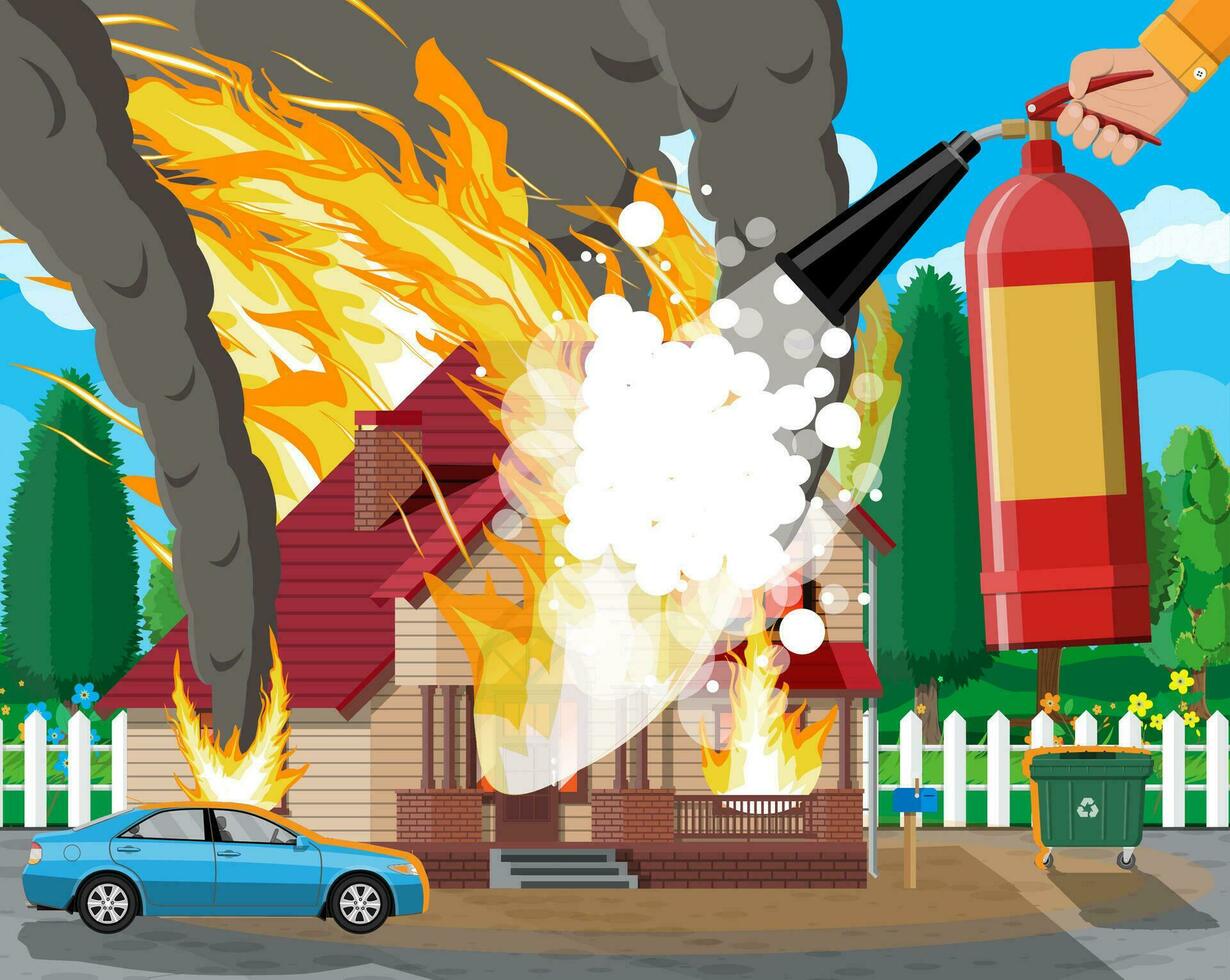 Wooden house burns fire in cottage. Extinguish fire in home. Fireman hand with fire extinguisher. Property insurance. Nature landscape. Natural disaster concept. Vector illustration in flat style