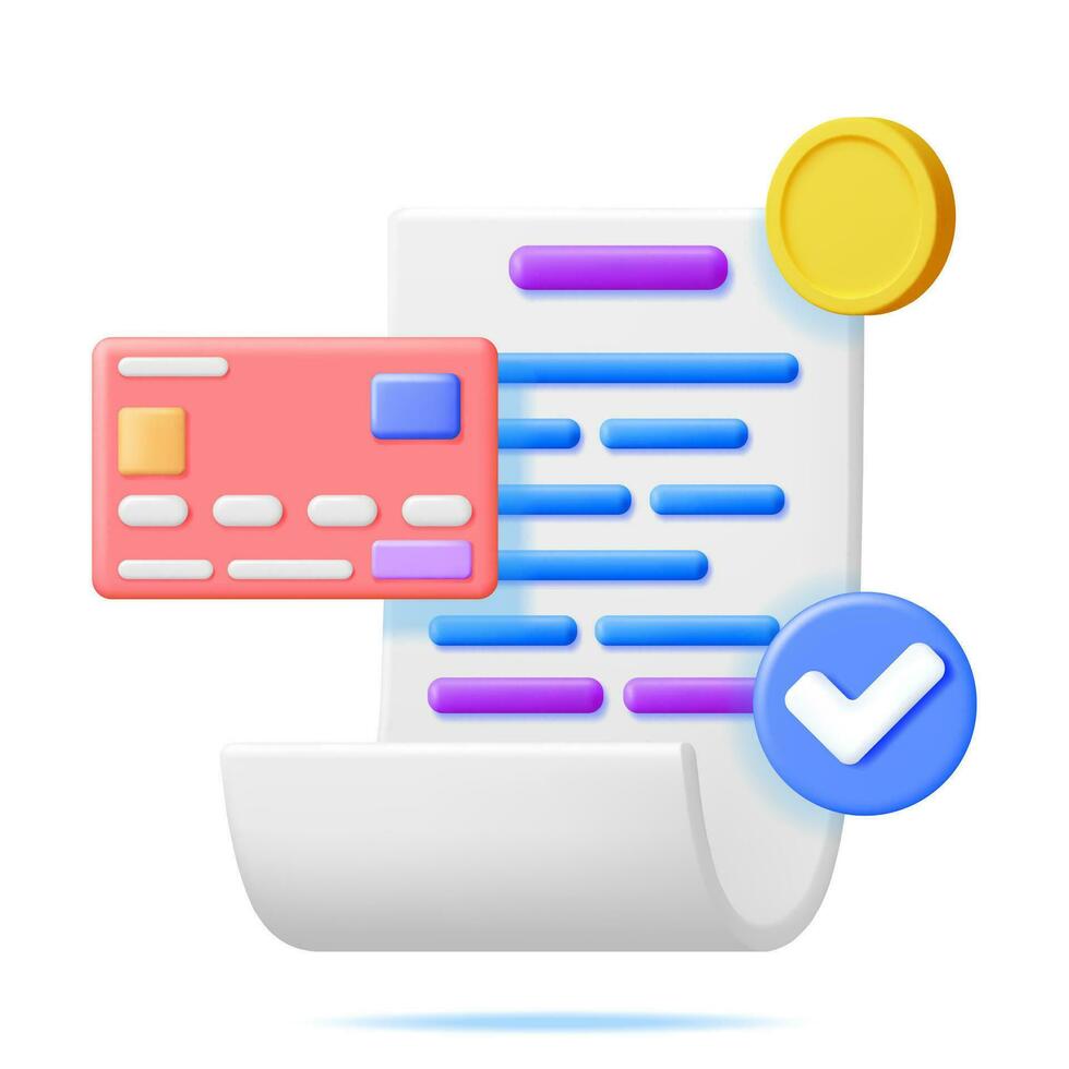 3D White Receipt with Checkmark, Coin and Bank Card. Success Financial Transaction. Render Paper Invoice and Money. Total Bill. Online Shopping, Payment, Checkout, Money Transfer. Vector Illustration