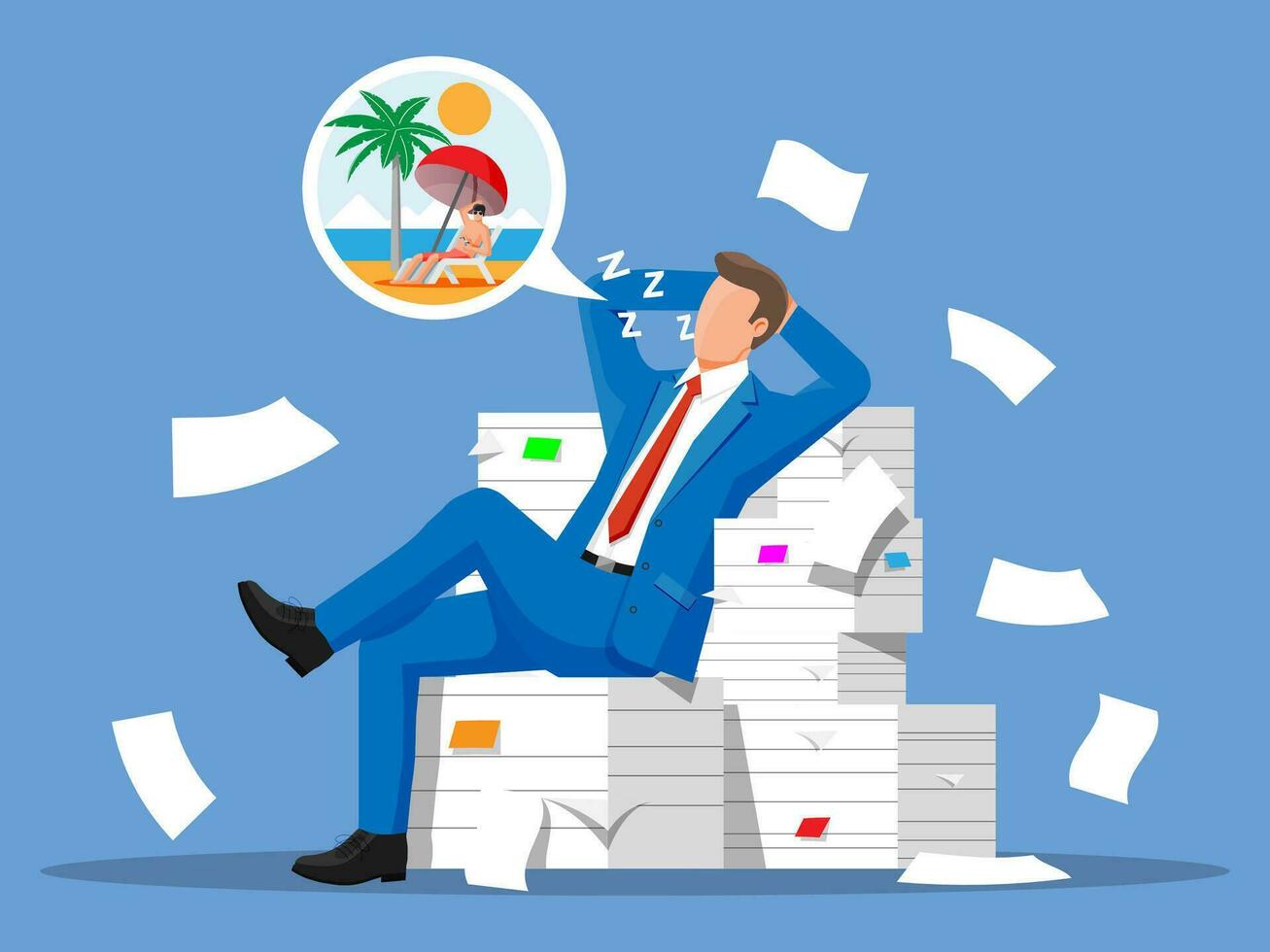 Business man character sleep in bunch of papers. Tired businessman or office worker sleeping on workplace. Stress at work. Bureaucracy, paperwork, deadline. Vector illustration in flat style