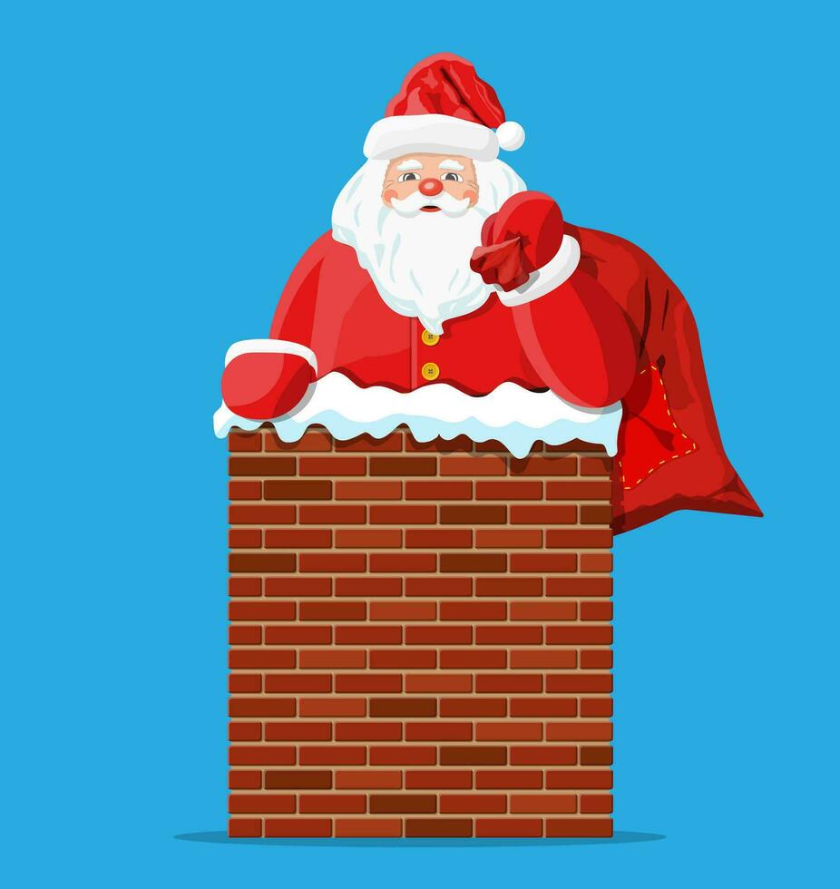 Papa Noel claus con bolso con regalos en casa Chimenea. contento nuevo año decoración. alegre Navidad víspera día festivo. nuevo año y Navidad celebracion. vector ilustración en plano estilo