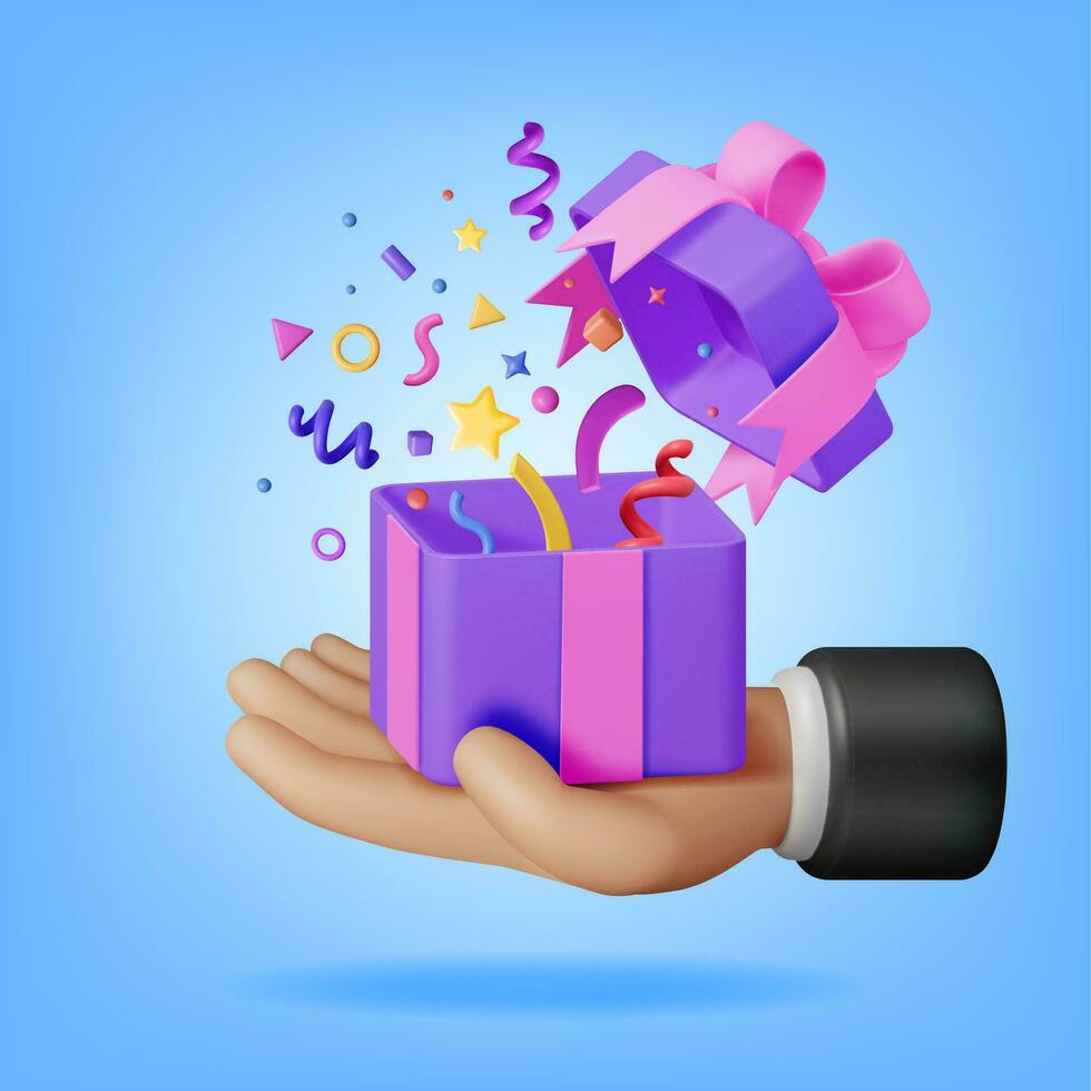 3D Open Gift Box With Falling Confetti in Hand. Render Present Box Surprise. Christmas. New Year Sale, Shopping. Present Box Bows Ribbons. Giftbox for Valentine, Birthday, Holiday. Vector Illustration