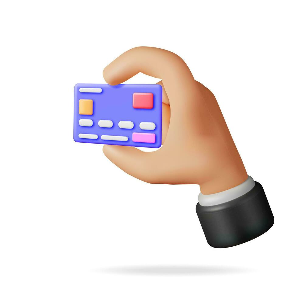 3d banco tarjeta en mano aislado. hacer crédito tarjeta con chip icono. negocio finanzas, en línea compras y bancario concepto. sin efectivo pago. financiero actas, dinero transferir. vector ilustración