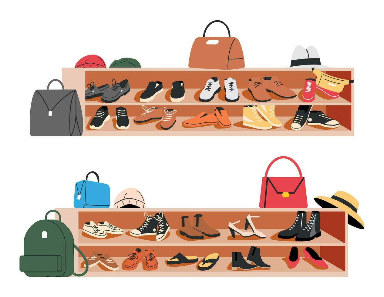 Hallway Seat Cabinet With Shoes Isolated. Foyer Entrance Seat with Footwear, Bags and Hats. Men and Woman Footwear Collection. Different Male and Female Accessories. Cartoon Flat Vector Illustration