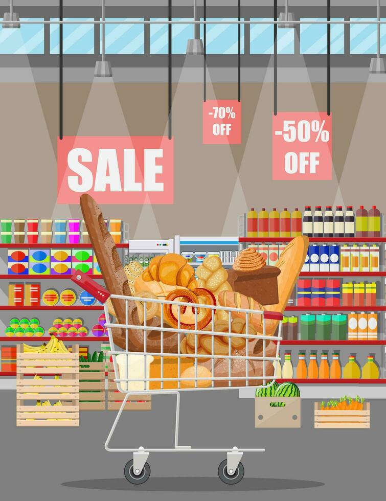Bread products in shopping cart supermarket interior. Whole grain, wheat and rye bread, toast, pretzel, ciabatta, croissant, bagel, french baguette, cinnamon bun. Flat vector illustration