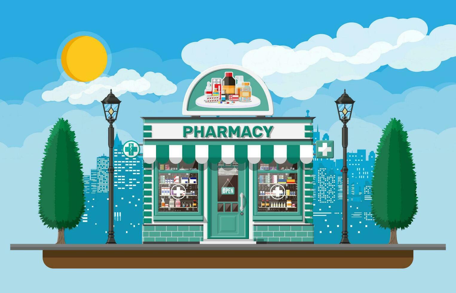 Facade pharmacy store with signboard. Exterior of drugstore. Medicine pills capsules bottles vitamins and tablets on showcase. Storefront shop building, nature cityscape. Flat vector illustration
