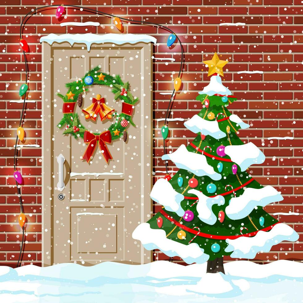 Christmas door decoration. Entrance to suburban house decorated with wreath, bells, garland lights. Holiday greetings. Snowflakes, snowdrifts. New year and xmas celebration. Flat vector illustration