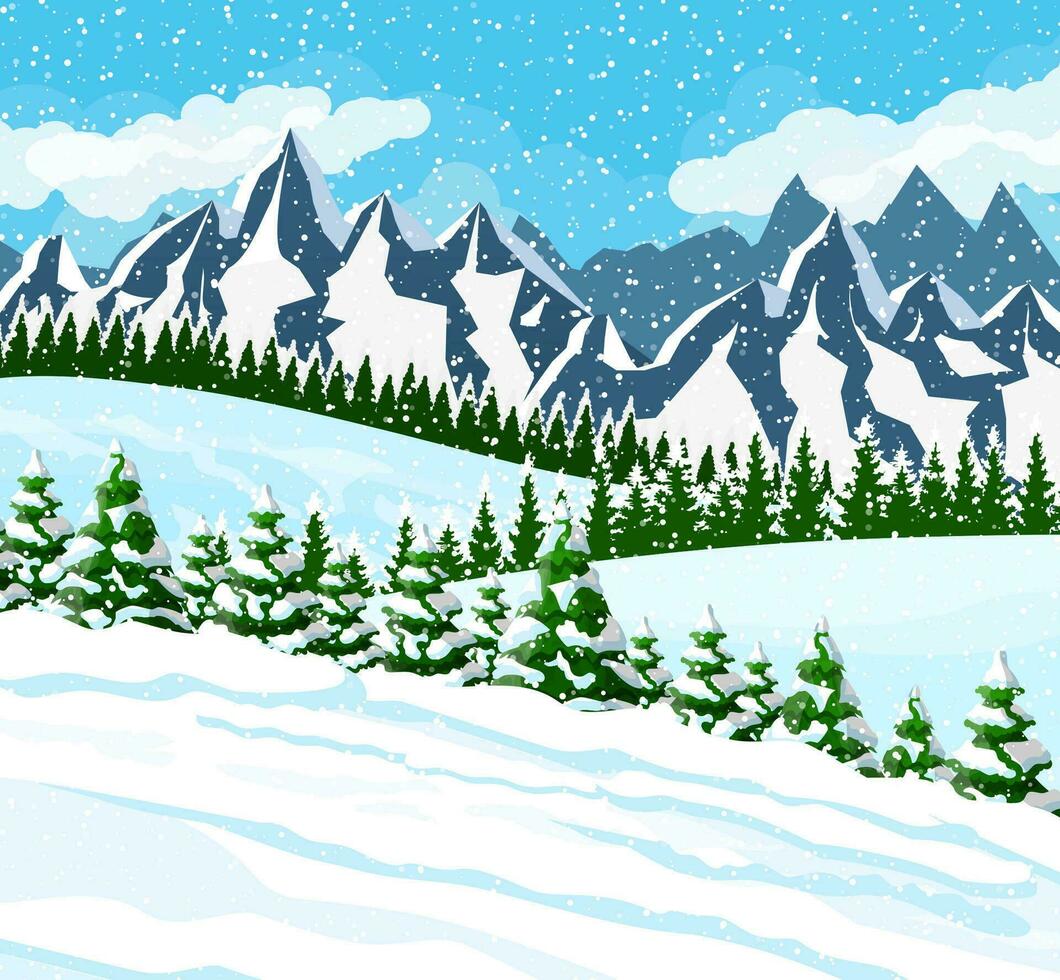 invierno Navidad antecedentes. pino árbol madera y nieve. invierno paisaje con abeto arboles bosque, montaña y nevando contento nuevo año celebracion. nuevo año Navidad día festivo. vector ilustración plano estilo