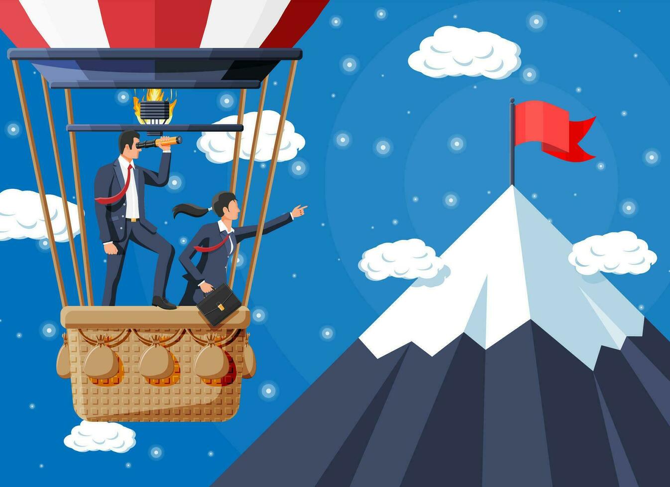 Business people on air balloon. Businessman with spyglass. Team work, collaboration. Searching business solution and strategy. Success achievement business vision career goal. Flat vector illustration