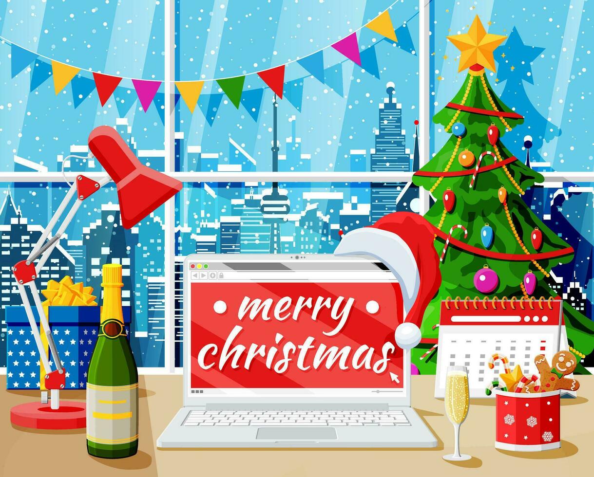 Christmas and New Year Office Desk Workspace Interior. Gift Box, Christmas Tree, Laptop, Lamp, Champagne, Cityscape. New Year Decoration. Merry Christmas Holiday Xmas Celebration. Vector illustration