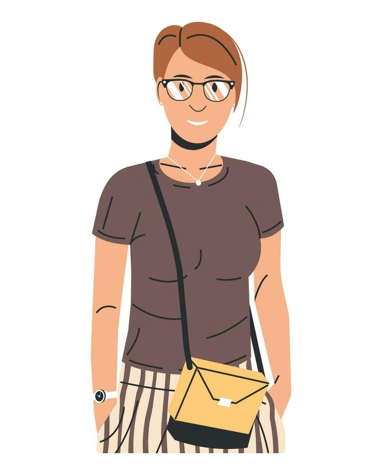 corto pelo mujer en falda y camiseta aislado. Moda morena niña con bolso y lentes. de moda dama en casual ropa soportes con manos en bolsillo. de moda estilo de vida. plano vector ilustración