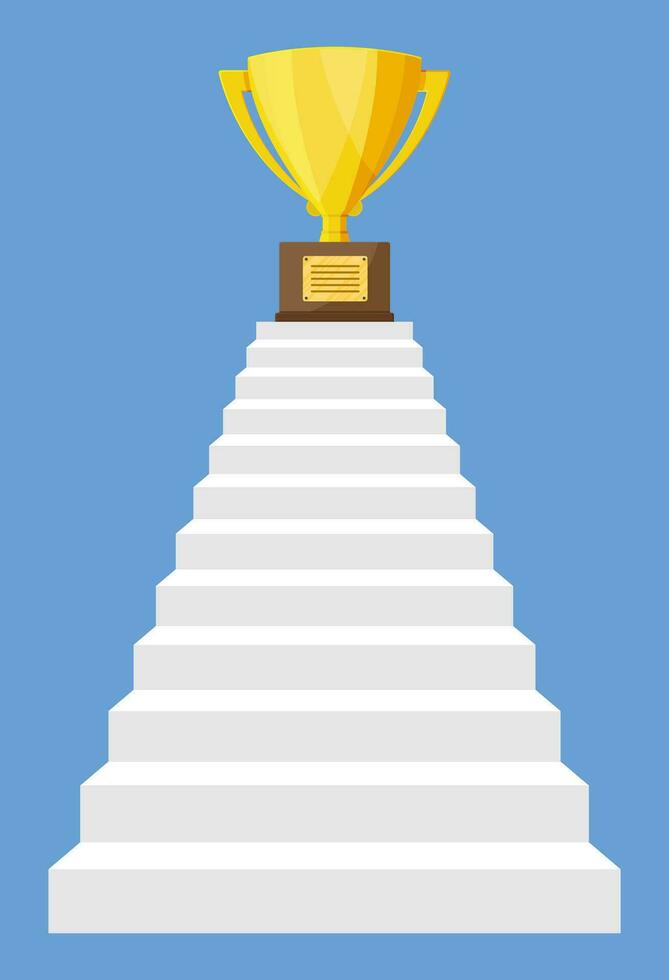 Golden trophy on ladder of success. Award, victory, goal, champion achievement. Business success, triumph, goal. Growth in career. Winning of competition. Vector illustration flat style