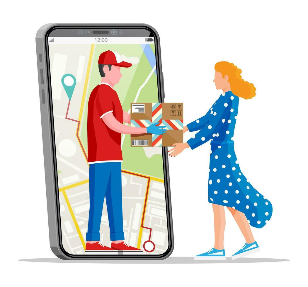 Woman receive cardboard box from man. Courier in smartphone holds parcel in his hands. Carton delivery packaging closed box with fragile signs. Free and fast shipping. Flat vector illustration