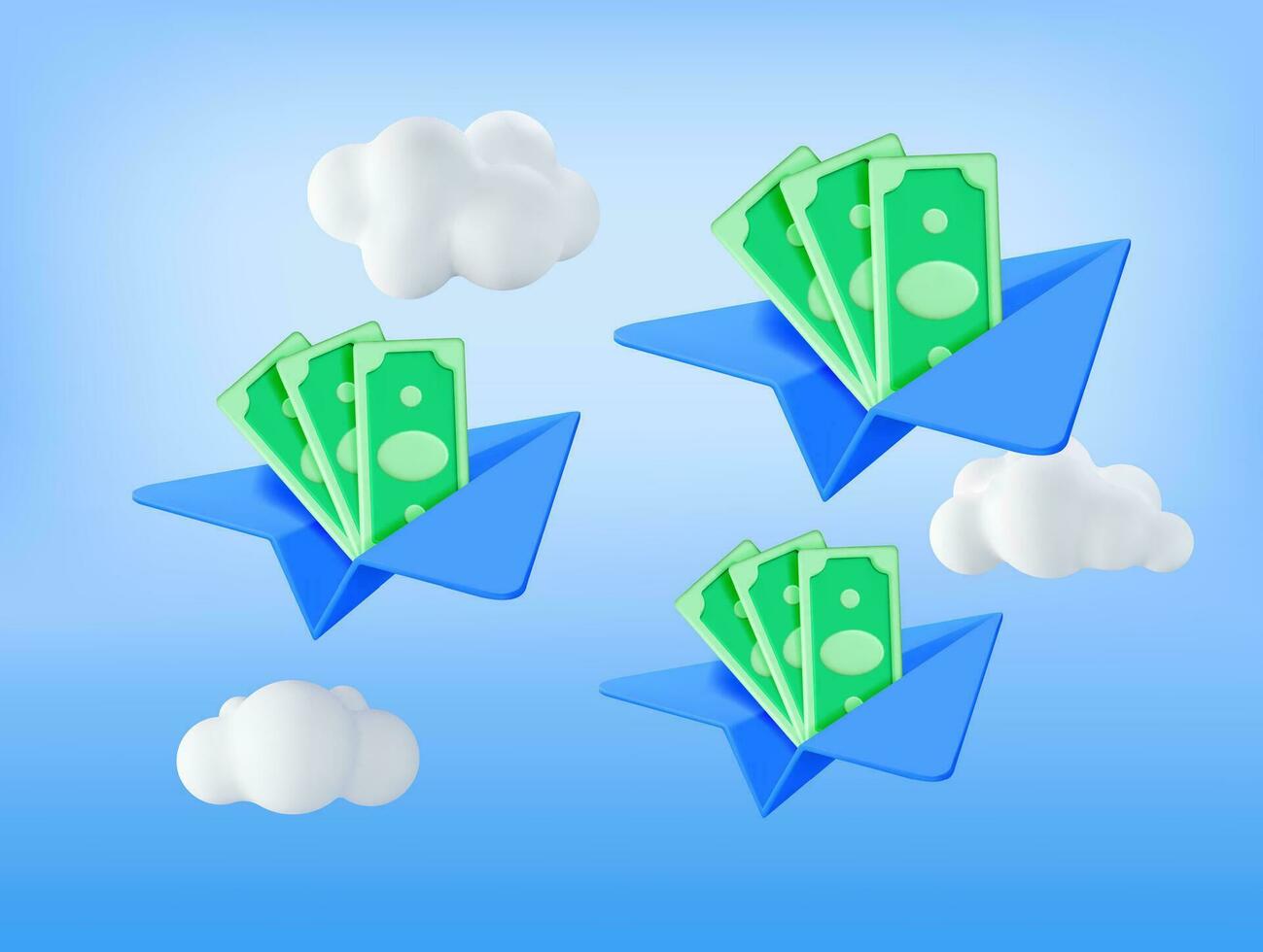 3D Paper Plane with Dollar Banknotes Inside. Render Paper Airplane with Cash Money. Concept of Money Transfers, Transactions, Online Banking and Payments. Vector Illustration