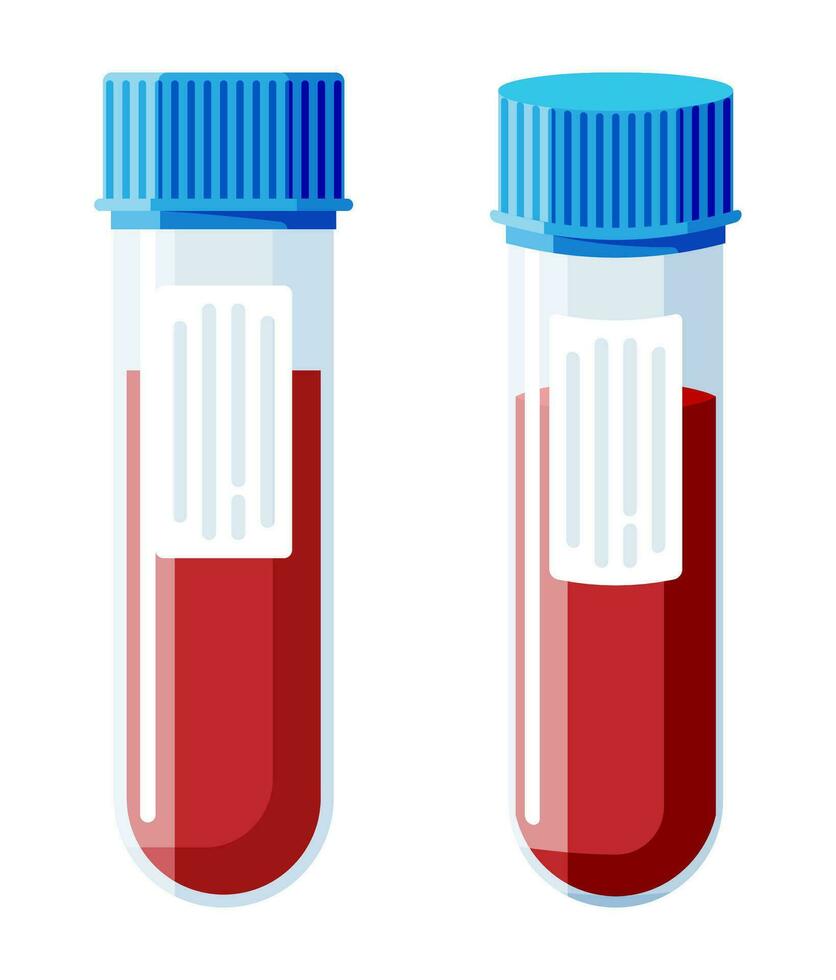 prueba tubo con sangre muestra aislado. general sangre análisis. laboratorio envase con rojo líquido. médico el plastico bolsa. investigación y médico análisis. dibujos animados plano vector ilustración