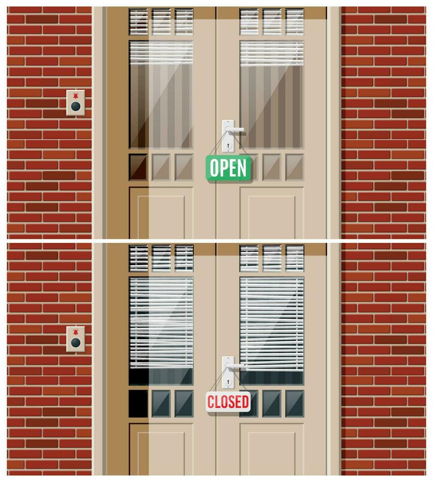 Shop door with windows and window blind. Wooden house door with chrome handle, doorbell and open closed sign placard. Concept of invitation to enter or new opportunity. Flat vector illustration