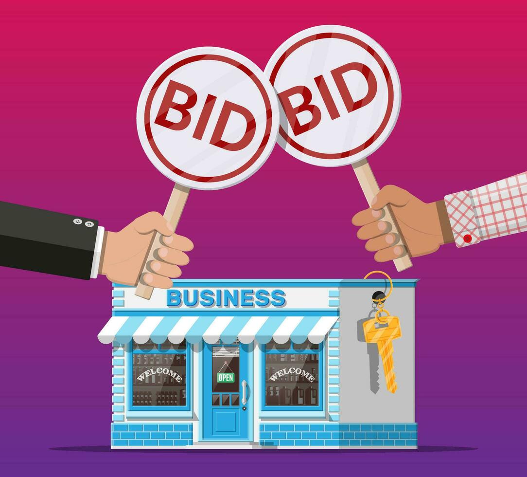 Hands holding auction paddle. Bid plate. Real estate, house building shop or commercial property. Auction competition. Selling or buying new business. Vector illustration in flat style