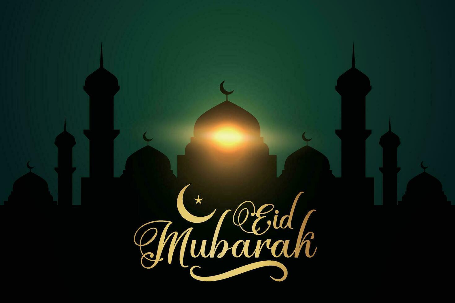 Ramadan eid mubarak greeting card with mosque silhouette free vector illustration