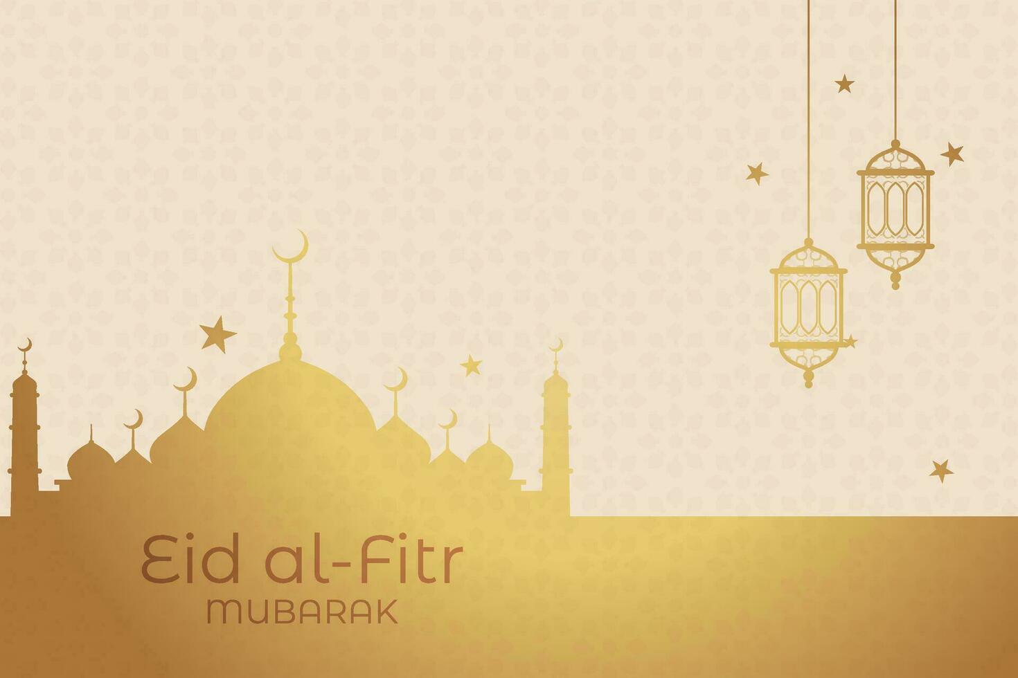 eid al-fitr mubarak greeting card with mosque and arabic text vector