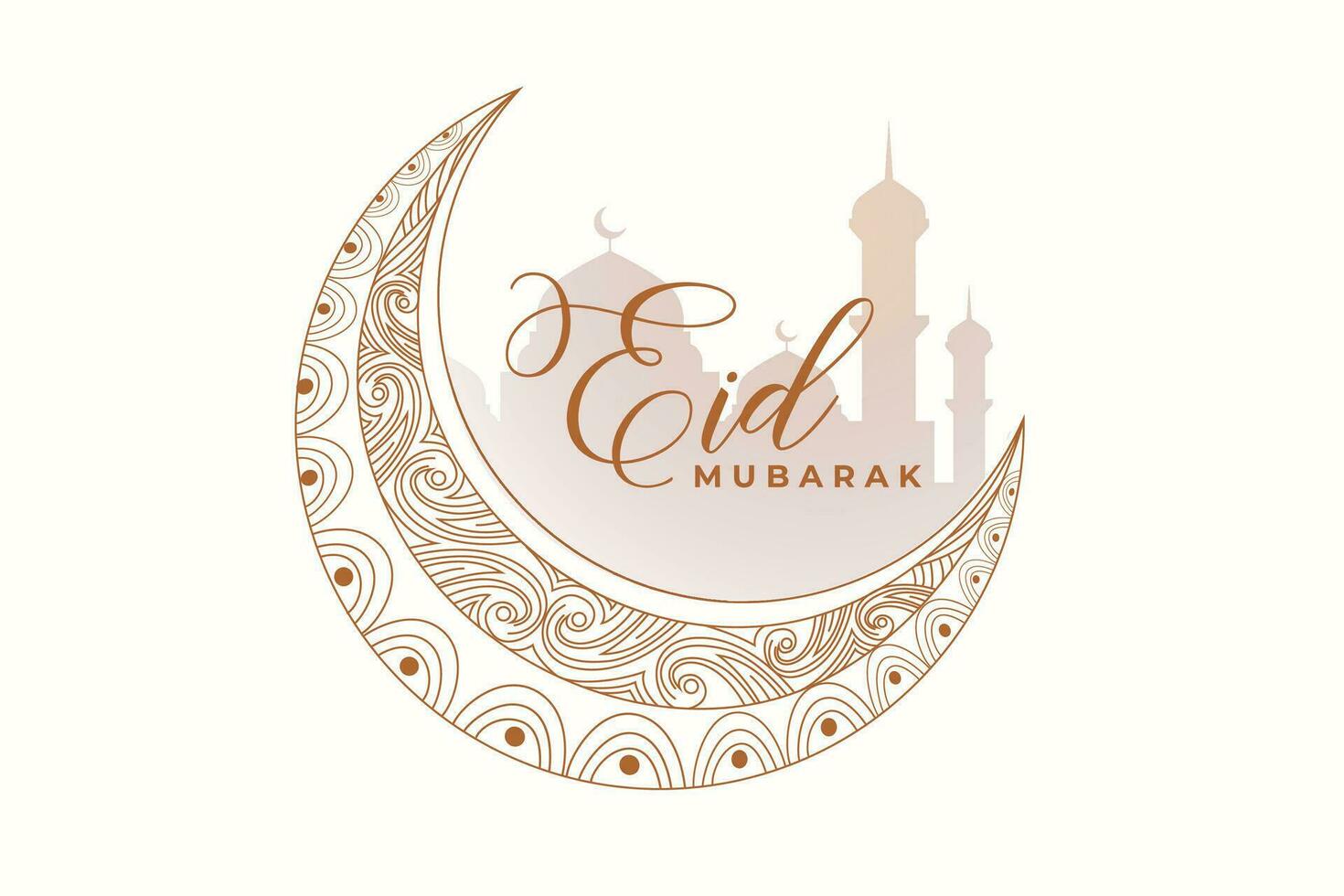 eid al-fitr mubarak greeting card with mosque and arabic text vector