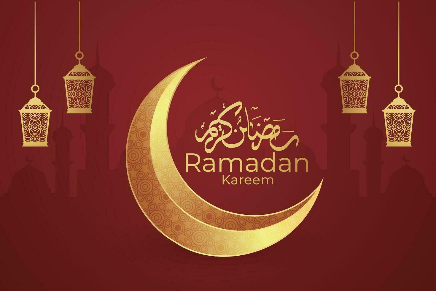 ramadan kareem greeting card with gold crescent and lanterns vector