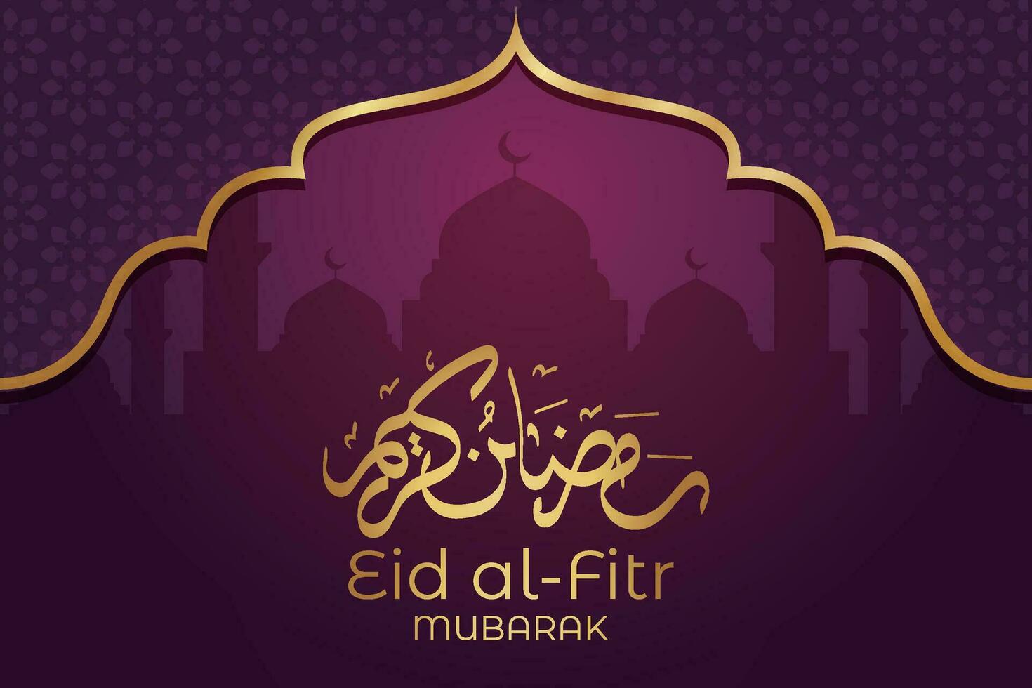 eid al-fitr mubarak greeting card with mosque and arabic text vector