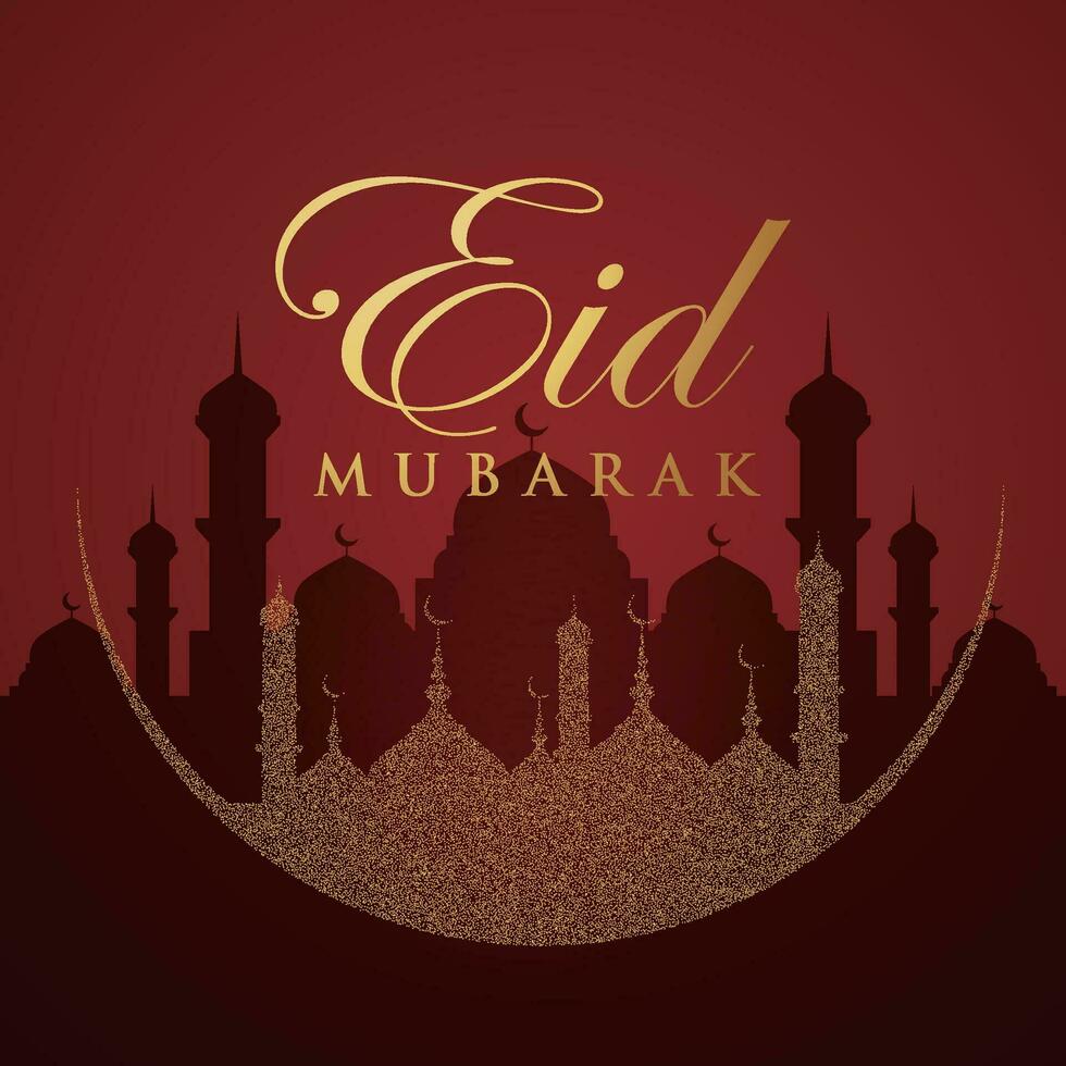 eid Mubarak saludo tarjeta con mezquita y oro Brillantina vector