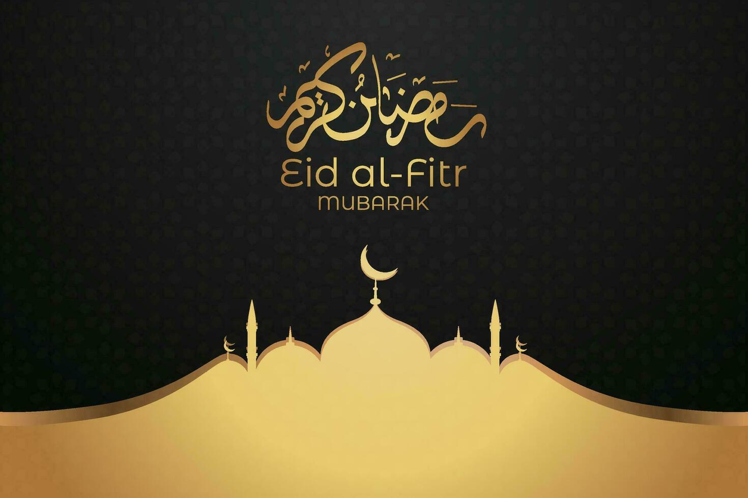 eid al-fitr mubarak greeting card with mosque and arabic text vector