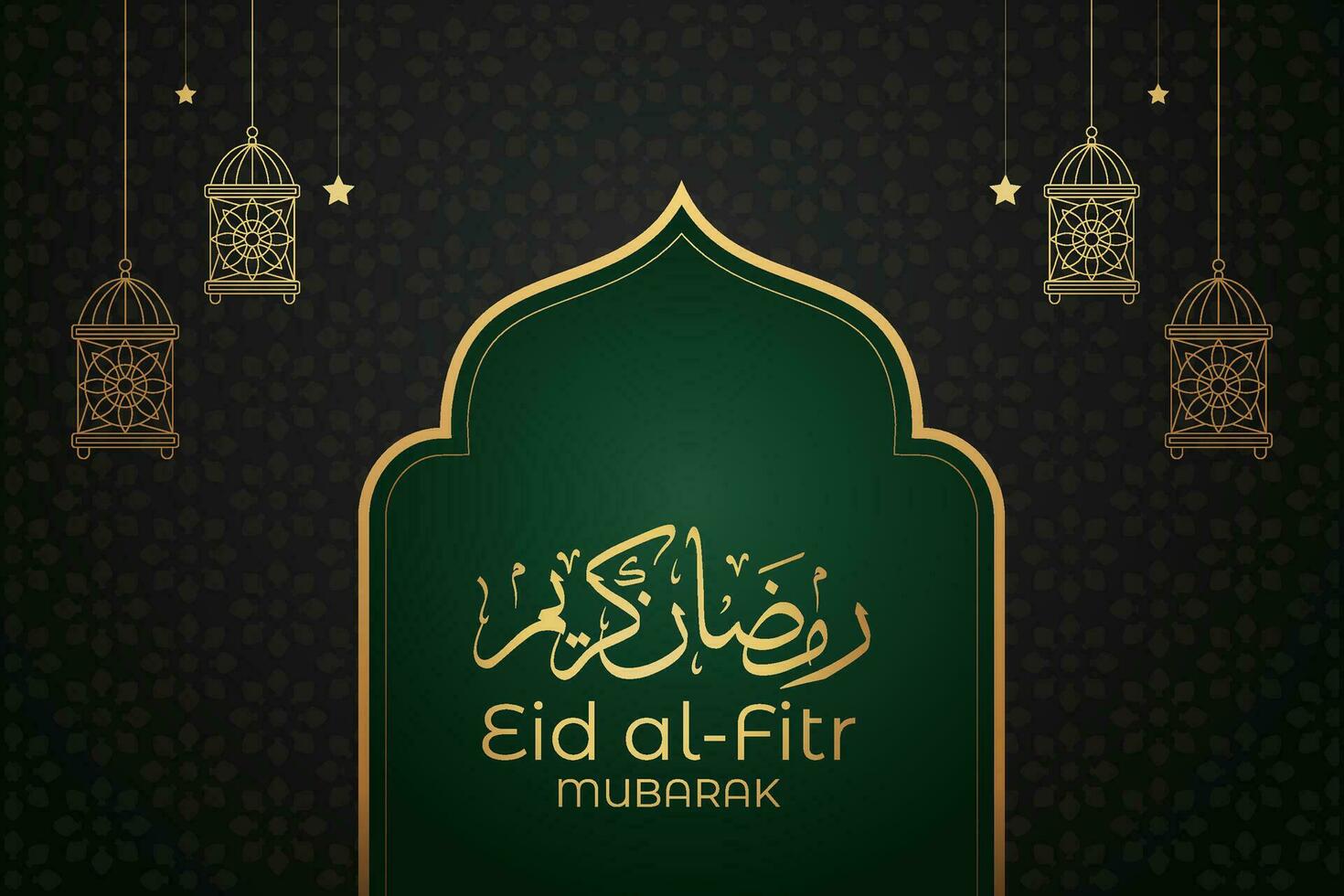 Ramadan eid al-fitr mubarak greeting card with lanterns and arabic call vector