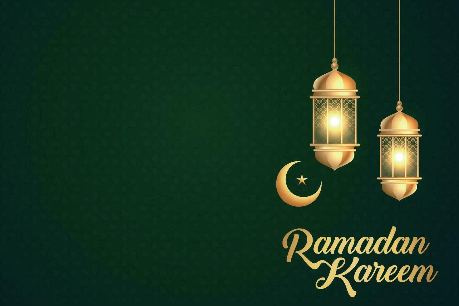 ramadan kareem greeting with lanterns and crescent on green background vector