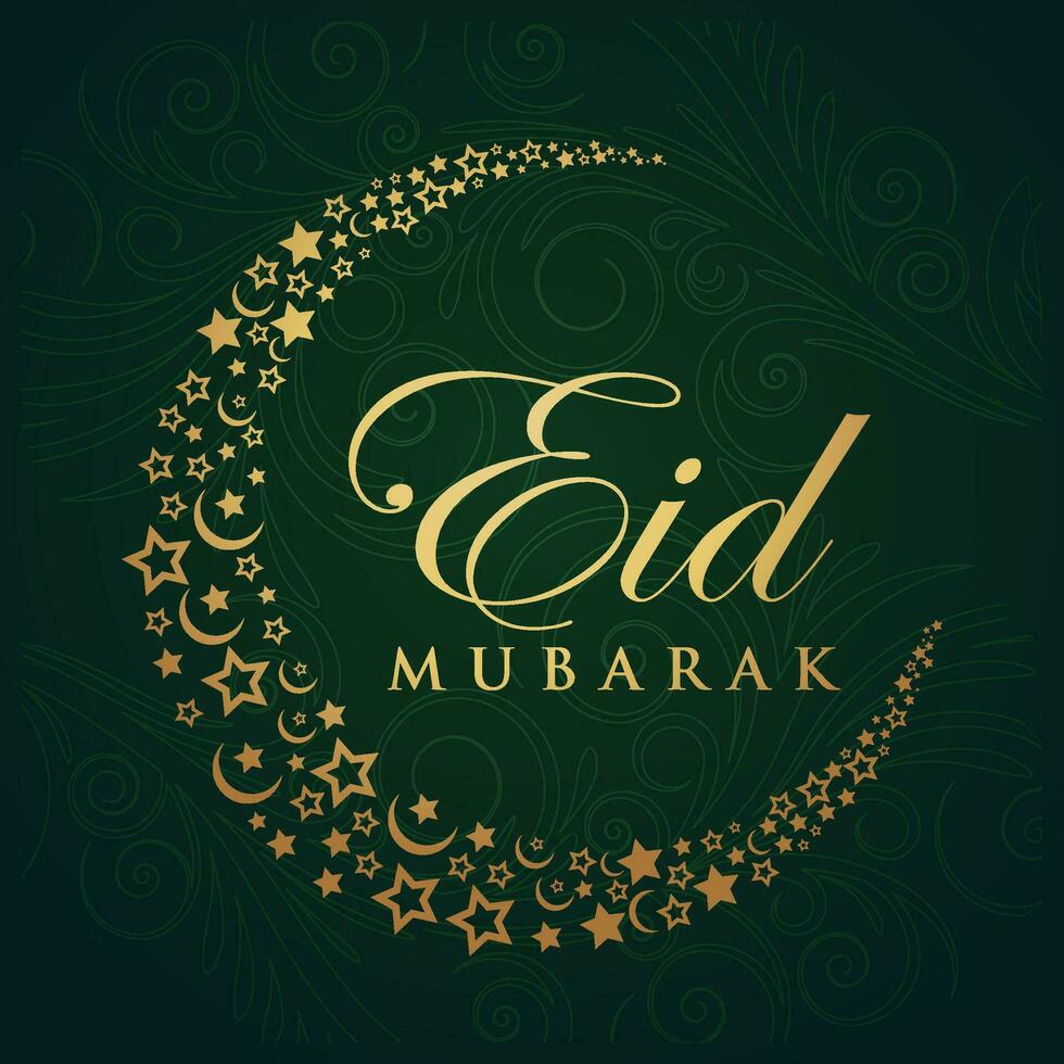 eid mubarak greeting card with gold crescent and stars on dark green background vector
