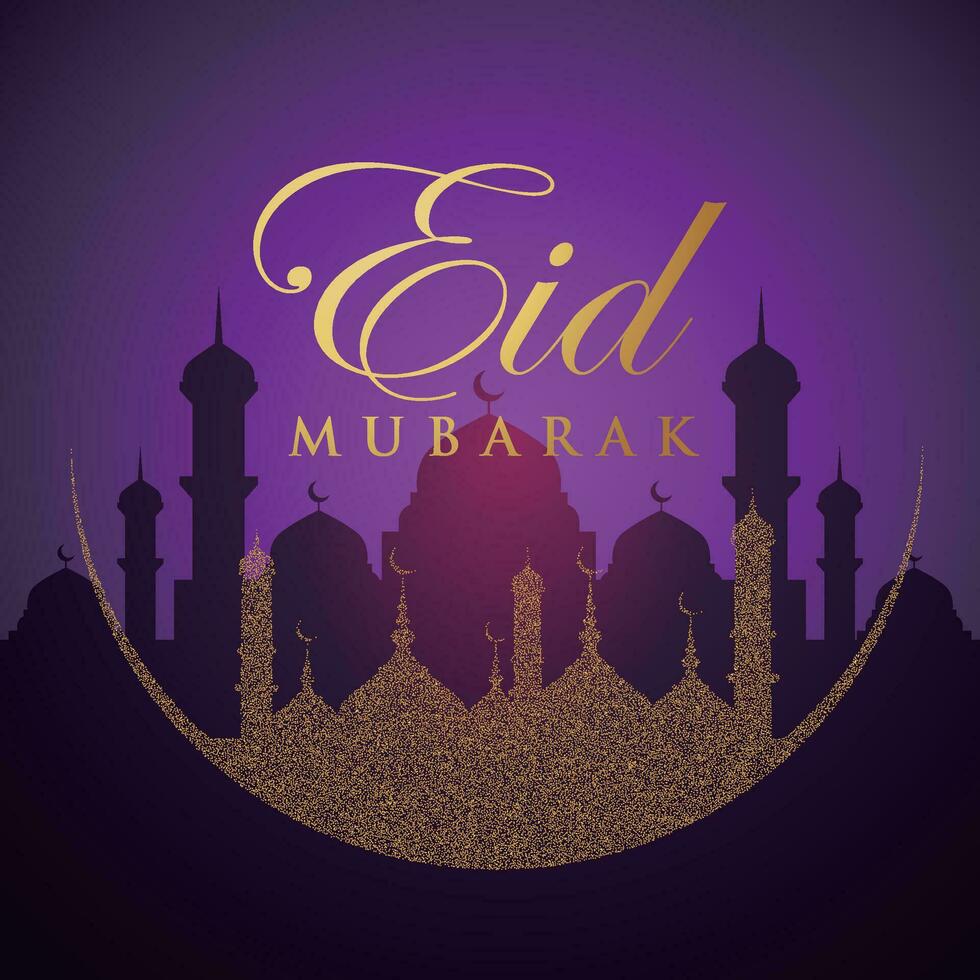 eid mubarak greeting card with mosque silhouette vector