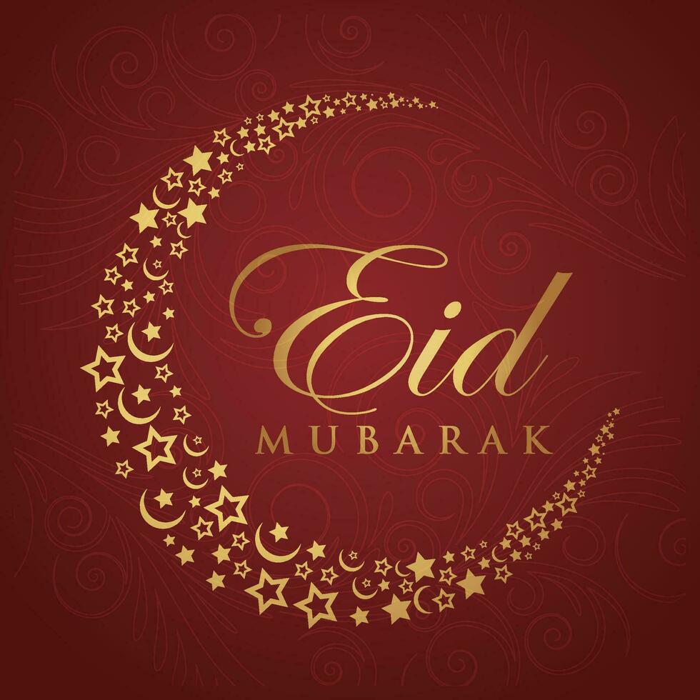 eid mubarak greeting card with gold stars and crescent on red background vector