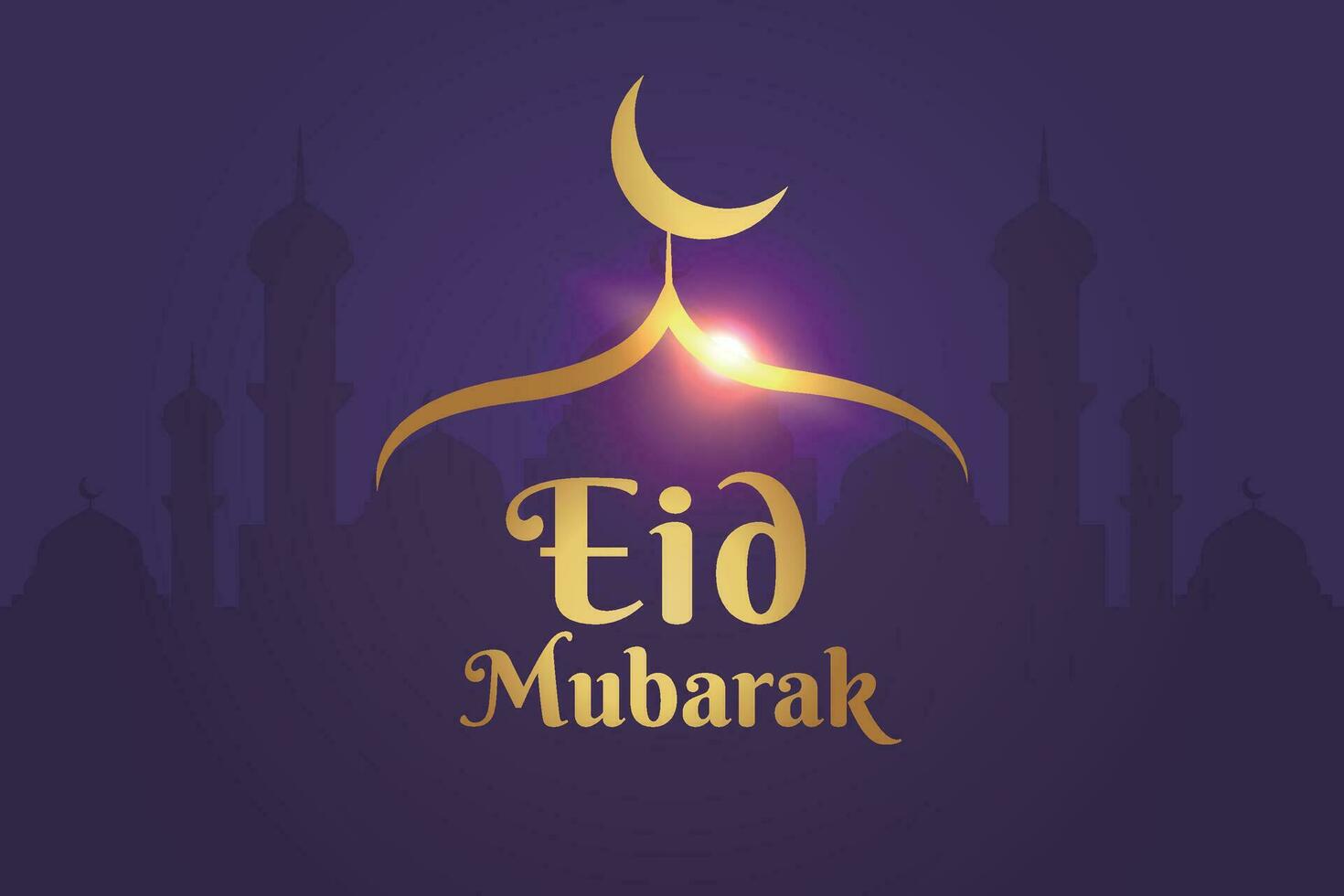 eid al-fitr mubarak greeting card with mosque and arabic text vector