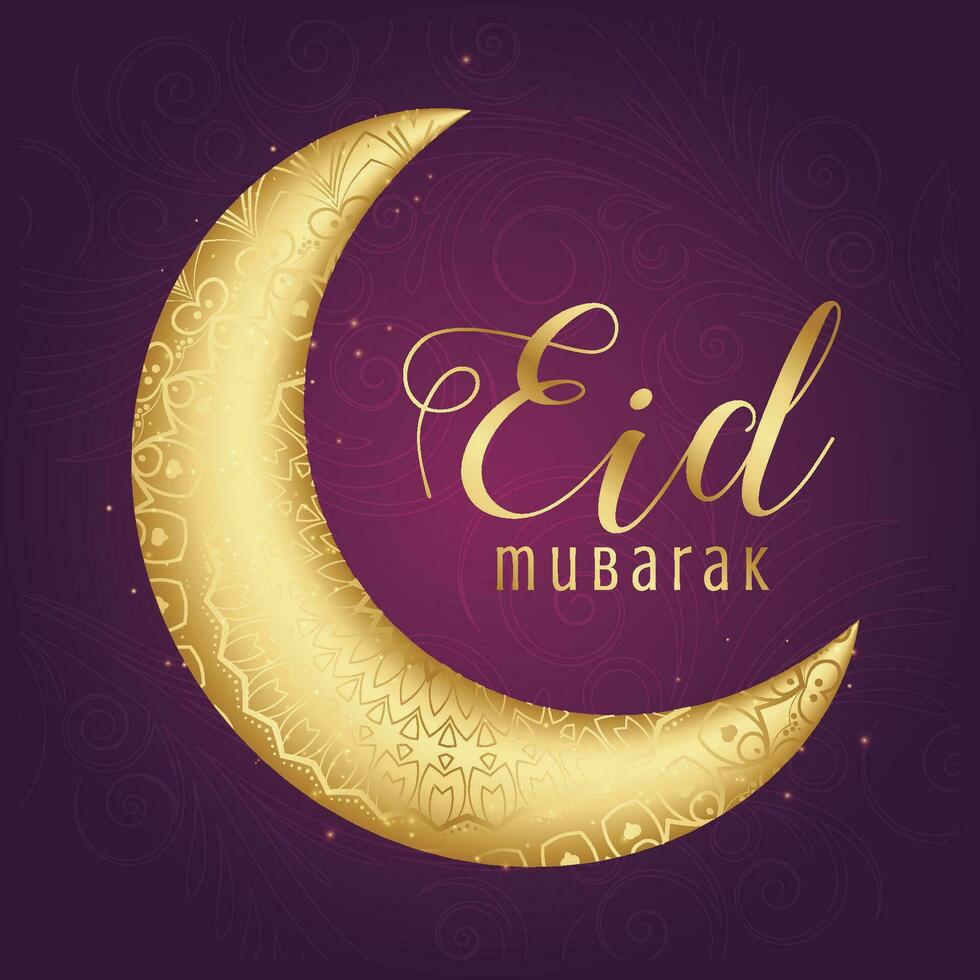 eid Mubarak saludo tarjeta con oro creciente y florido modelo vector