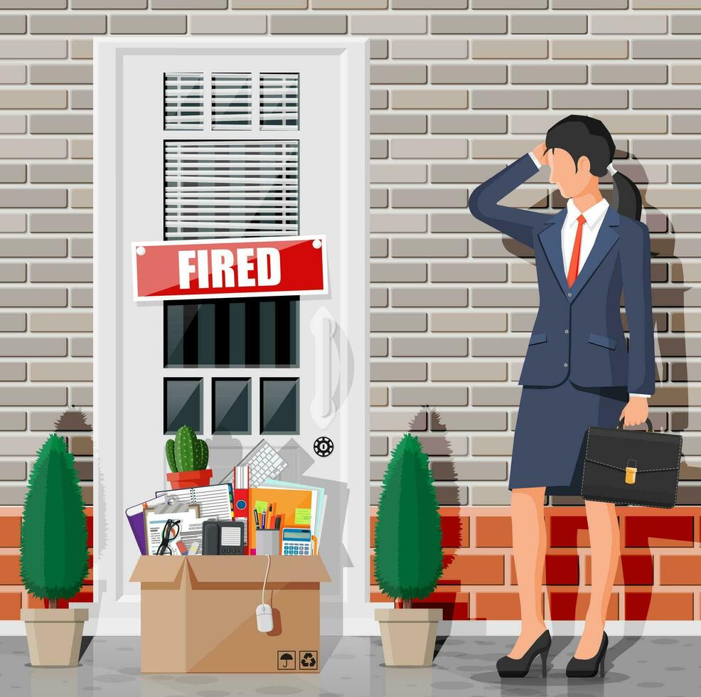 Dismiss employee, door with fired word plate and cardboard box with office items. Hiring and recruiting. Human resources management concept searching professional staff work. Flat vector illustration