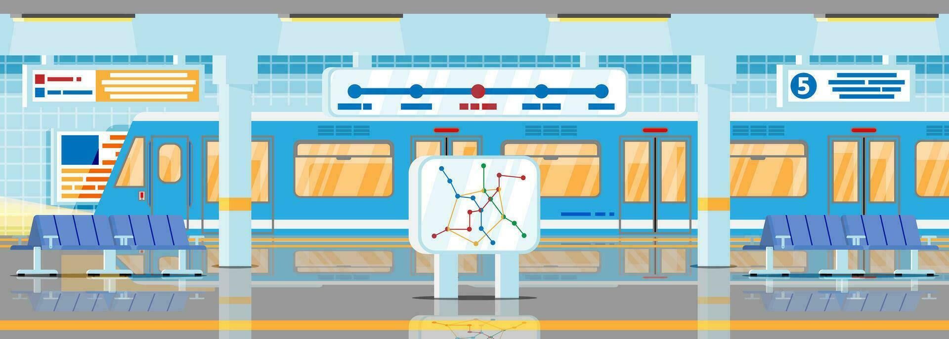 Empty Subway Station Interior. Train and Underground Platform. Railway Metro Station. Passenger Express Railway. Railroad Public Transportation. Rapid Transport. Flat Vector Illustration