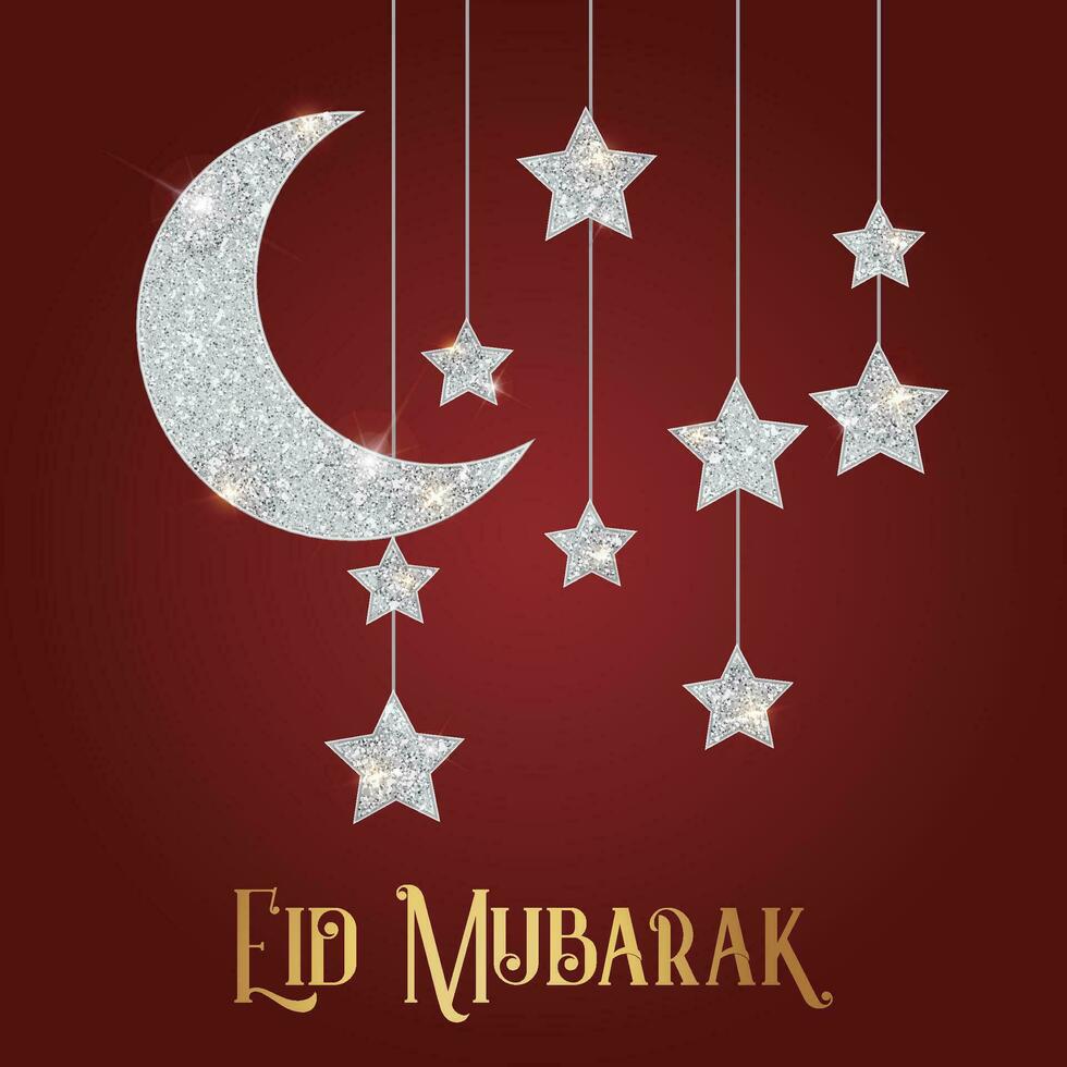 Ramadán eid al-fitr Mubarak saludo tarjeta con linternas y Arábica llamada vector