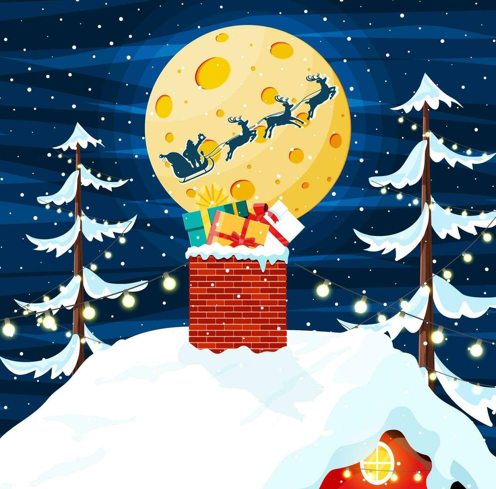 Navidad regalos caja con arco en Chimenea. fiesta regalos en techo. contento nuevo año decoración. alegre Navidad día festivo. nuevo año y Navidad celebracion. plano vector ilustración