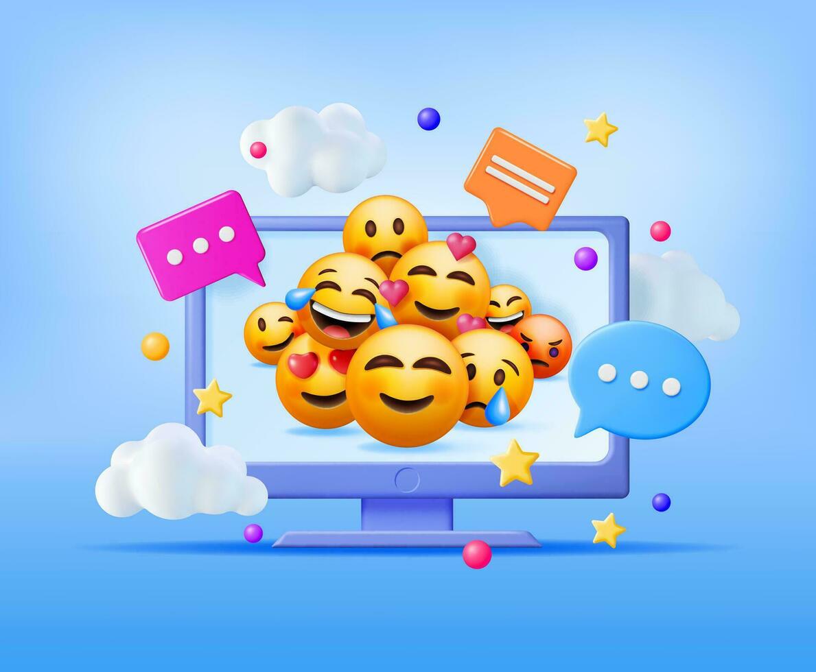 3d conjunto de emoticones en computadora. social medios de comunicación amarillo caras con varios emociones y expresión. lágrima sonrisa triste amor contento infeliz me gusta jajaja enojado guiño la risa emoji personaje. vector ilustración