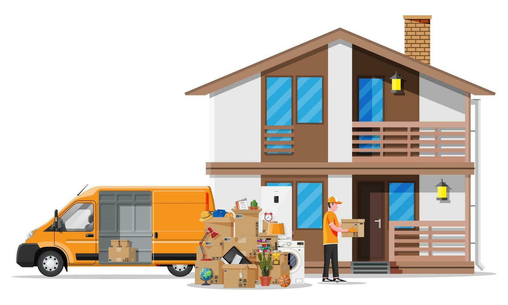 Moving to new house. Family relocated to new home. Male mover, paper cardboard boxes near house facade. Package for transportation. Computer, lamp, clothes, books. Vector illustration in flat style