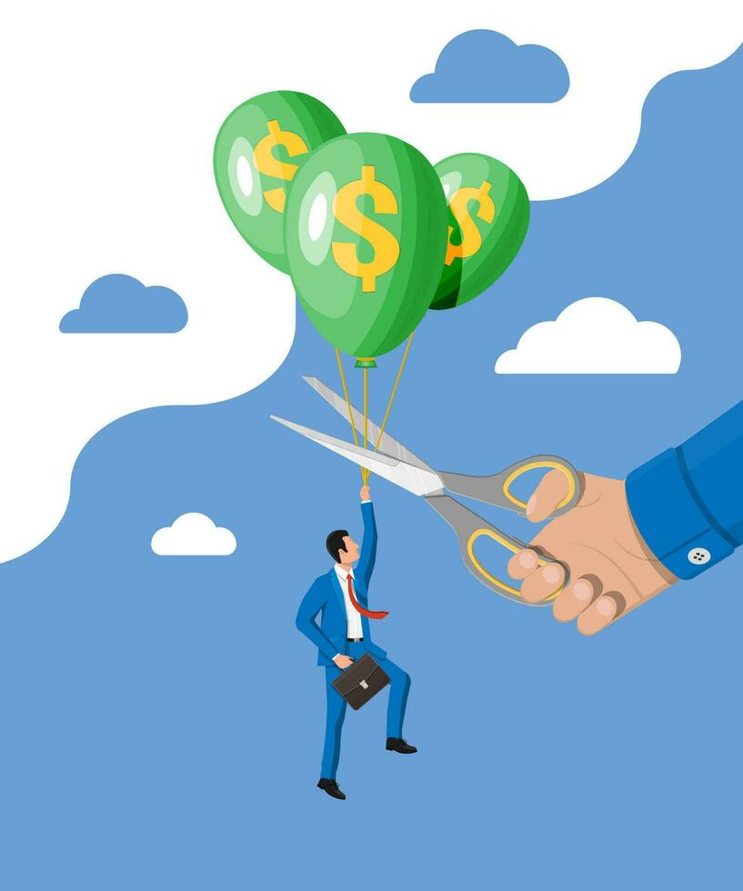 empresario en traje volador un globo y mano con tijeras. concepto de economía problema o financiero crisis, recesión, inflación, bancarrota, ingresos perdido, pérdida de capital. plano vector ilustración