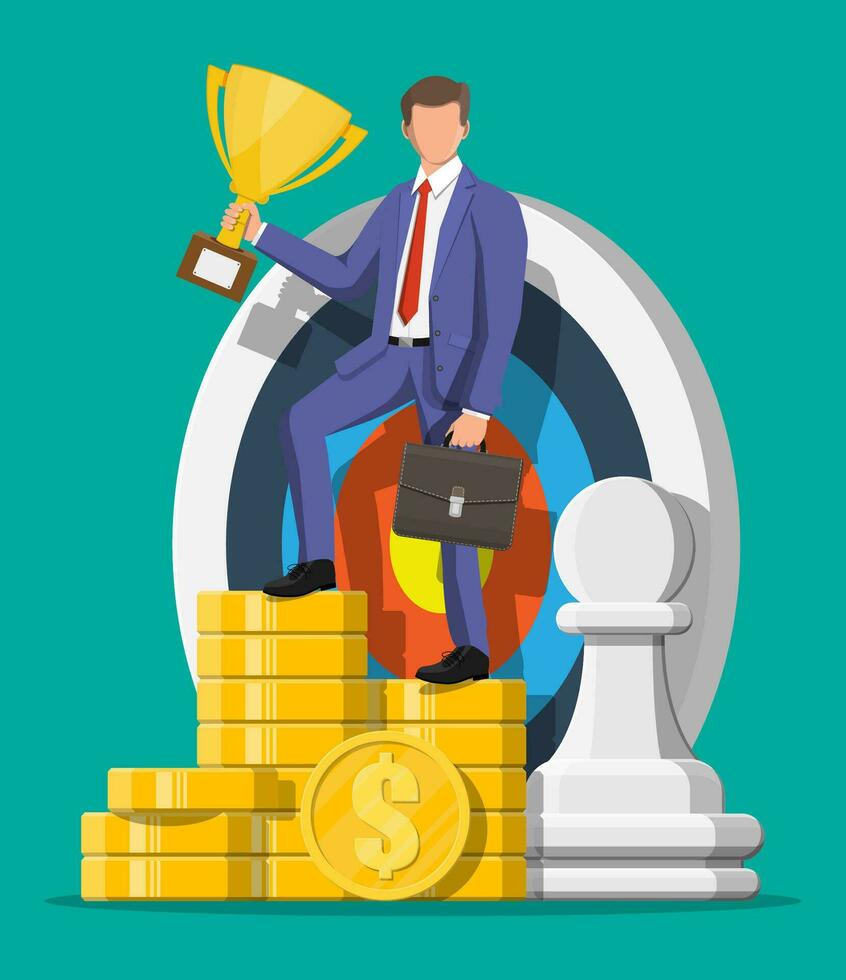 Happy businessman with trophy, dart target, chess pawn piece and pile of gold coins. Goal setting. Smart goal. Business target concept. Achievement and success. Vector illustration in flat style